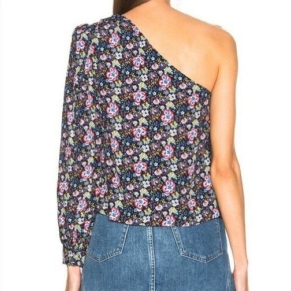 Frame Navy Floral Print One-Shoulder Top, Size Medium - Picture 2 of 15